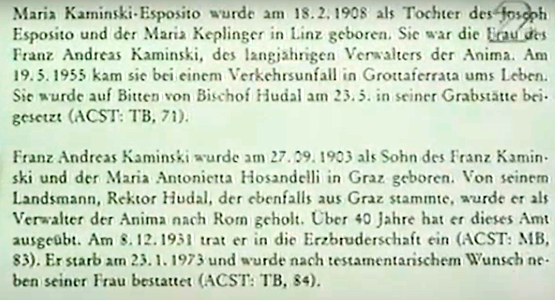 Bokkopia från Erwin Gatz angående paret Kaminski i Hudals grav.